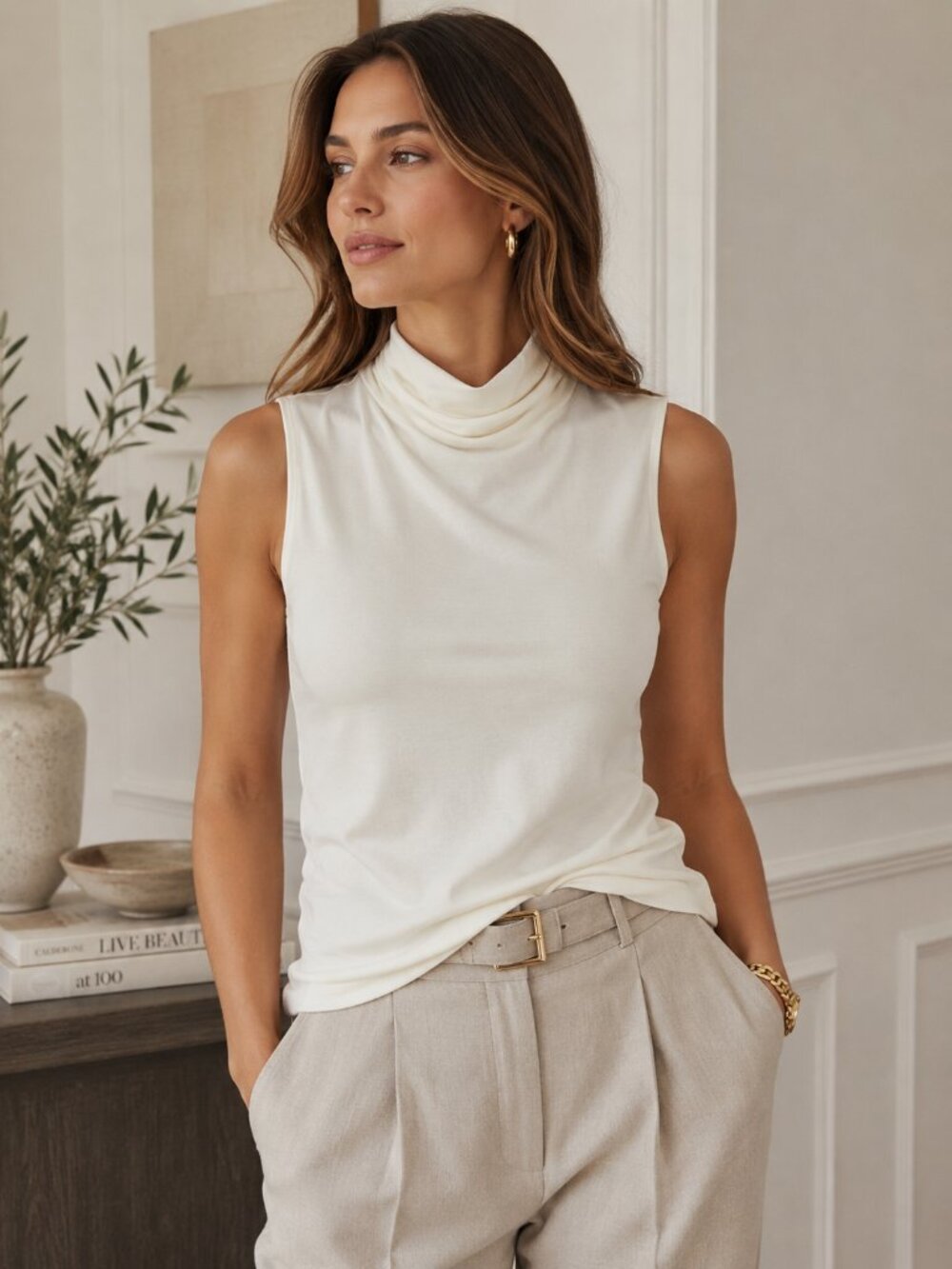 Lauren Ralph Lauren Sleeveless Turtleneck M Ivory Quiet Luxury Minimalist 1415